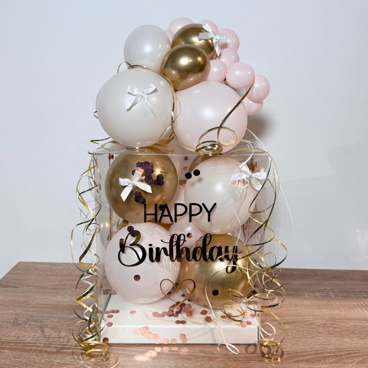 Ballonbox Geburtstag – Happy Birthday in Gold & Creme personalisiert