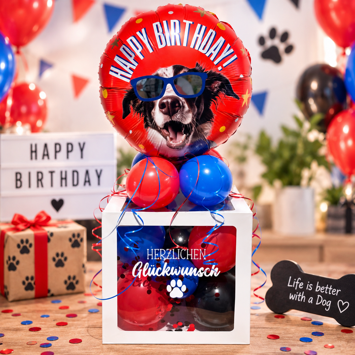 Ballonbox Geburtstag mit Happy Birthday Hundeballon als Geschenk für Hundeliebhaber und Hundefans