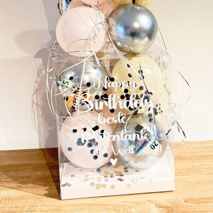 Ballonbox Geburtstag mit silbernen Zahlenballons und personalisiertem Druck