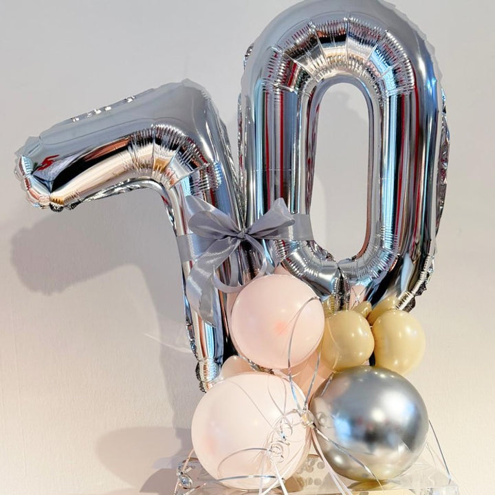 Ballonbox Geburtstag mit silbernen Zahlenballons und personalisiertem Druck
