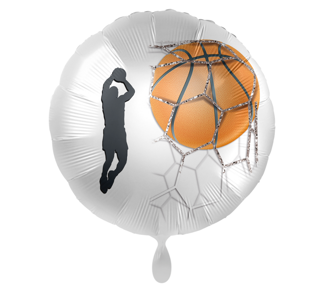 Runder Folienballon 43 cm mit Basketball im Korb und Spieler-Silhouette in Schwarz