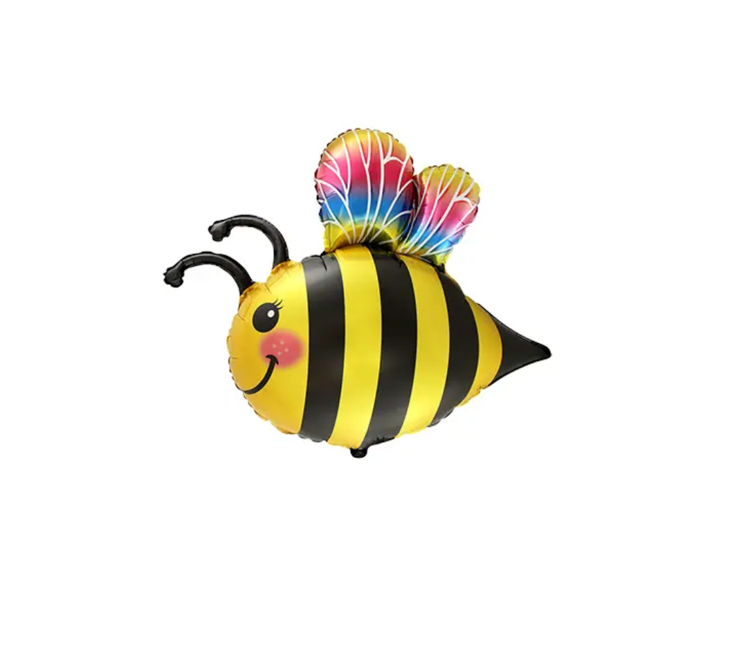 Gelb-schwarzer Bienen-Folienballon mit bunten Flügeln, ca. 60 cm groß – Tierballon für Kindergeburtstag oder Partydeko