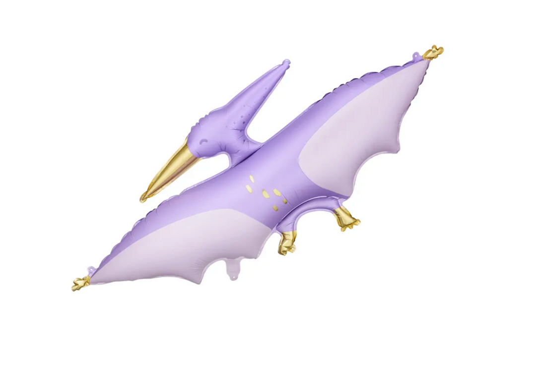 Lila Dino-Ballon in Form eines Pteranodons mit goldenen Flügelspitzen und Schnabel, ca. 115 cm