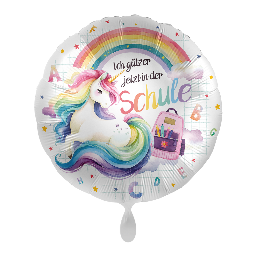 Einhorn Einschulungs-Folienballon mit Regenbogen, Schulranzen und Schriftzug „Ich glitzer jetzt in der Schule“, 43 cm