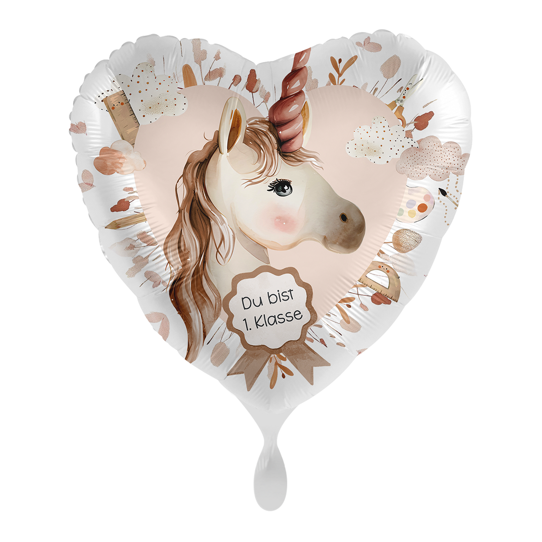 Einschulungs-Ballon in Herzform mit Einhorn-Motiv und Aufschrift „Du bist 1. Klasse“, 43 cm