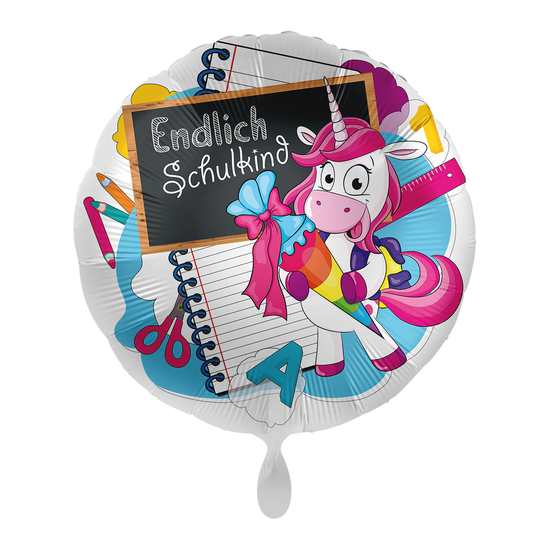 Runder Folienballon mit Einhorn, Schultafel „Endlich Schulkind“ und bunten Schulmotiven, Ø 43cm