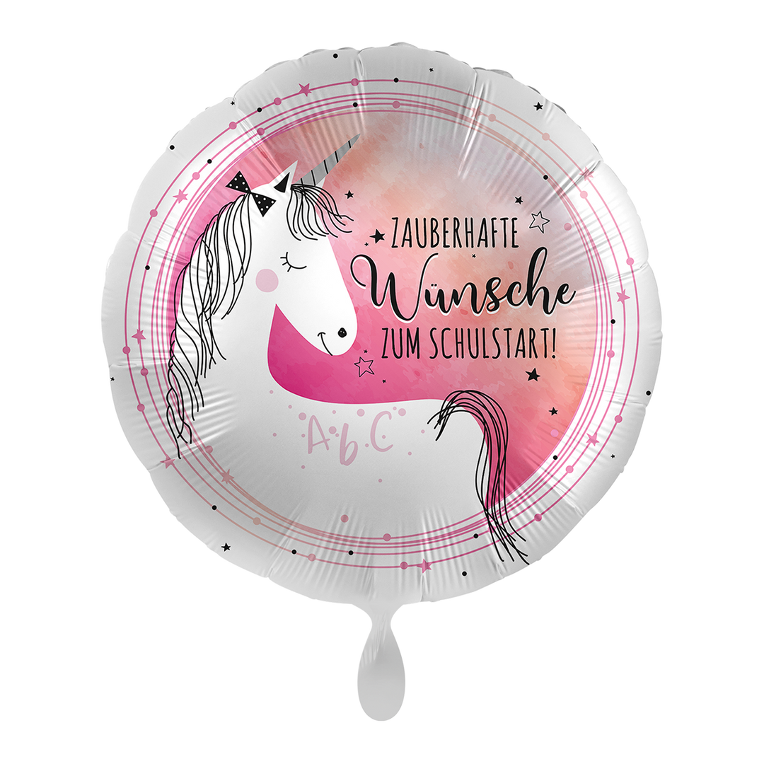 Runder Folienballon mit Einhornmotiv und der Aufschrift „Zauberhafte Wünsche zum Schulstart“ in Rosa und Silber, 43cm
