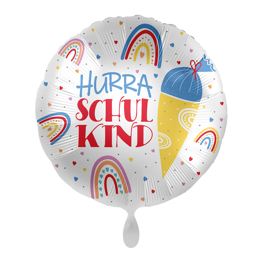 Runder Folienballon mit Regenbogen-Motiven, Schultüte und Aufschrift „Hurra Schulkind“, Ø 43cm
