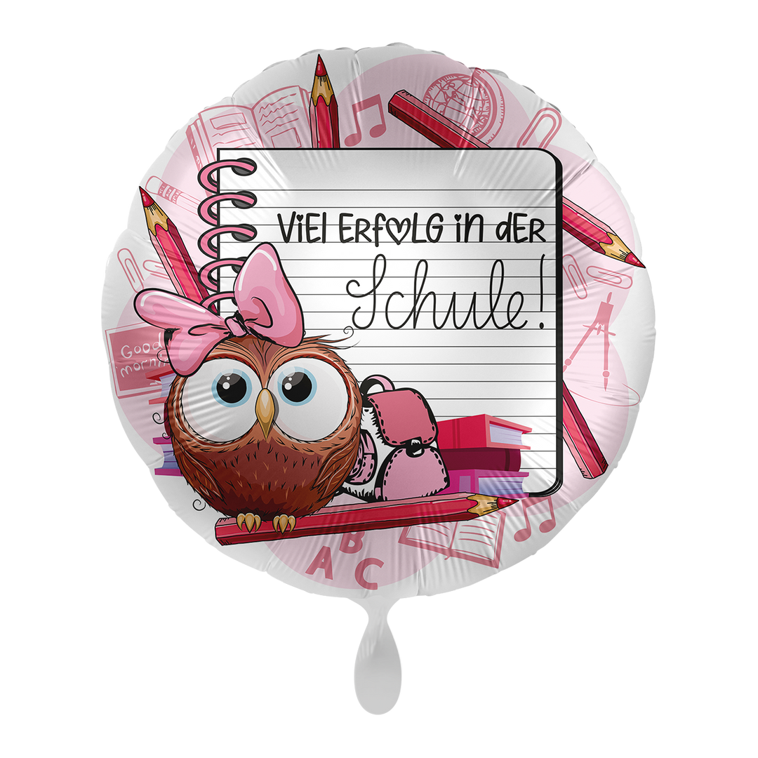 Runder Folienballon Ø 43cm in Rosa mit Eulenmotiv und der Aufschrift „Viel Erfolg in der Schule“