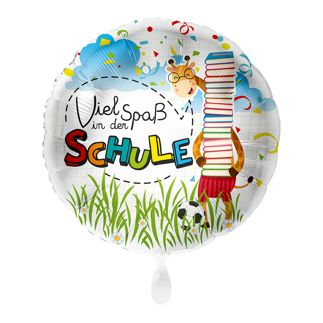 Runder Folienballon zur Einschulung mit Aufschrift „Viel Spaß in der Schule“ und bunten Tiermotiven, Ø 43cm