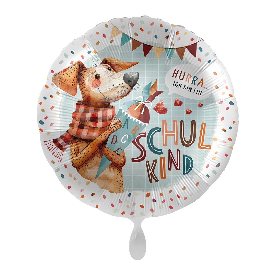 Einschulungs-Folienballon mit Hund, Schultüte und Schriftzug „Hurra ich bin ein Schulkind“, 43 cm