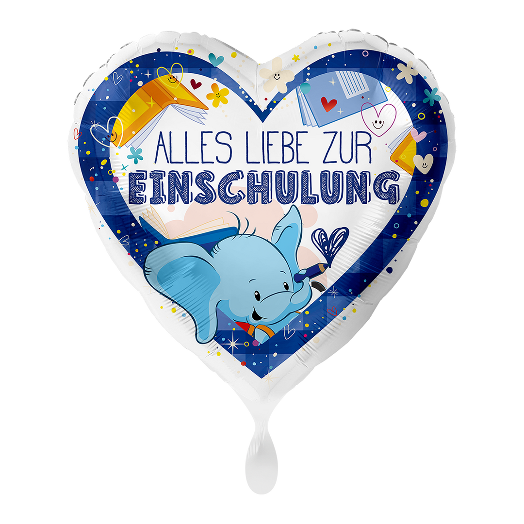 Herzförmiger Einschulungsballon mit Elefantenmotiv und Aufschrift „Alles Liebe zur Einschulung“ – 43cm