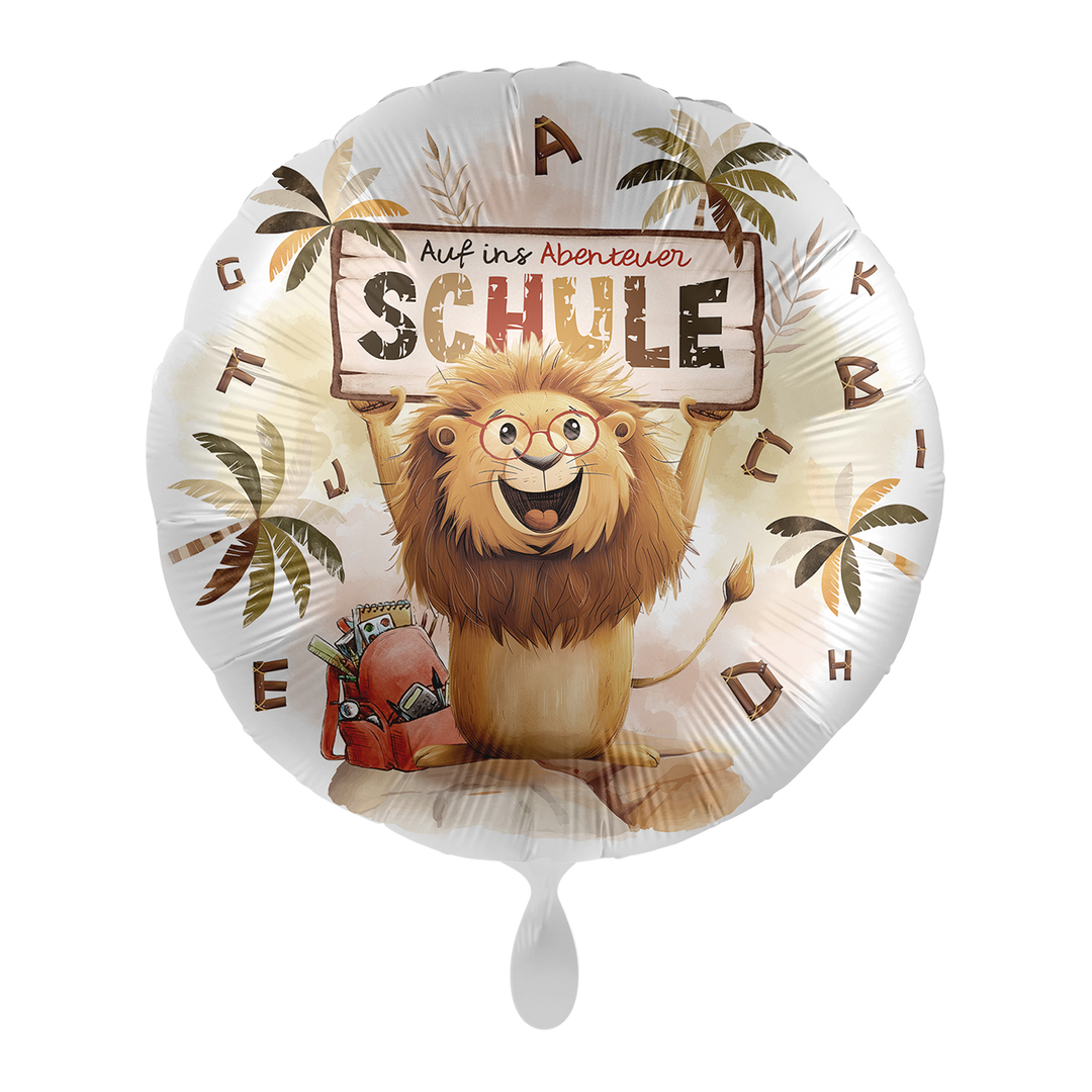 Einschulungsballon mit Löwenmotiv und Schriftzug „Auf ins Abenteuer Schule“ – runder Folienballon 43cm
