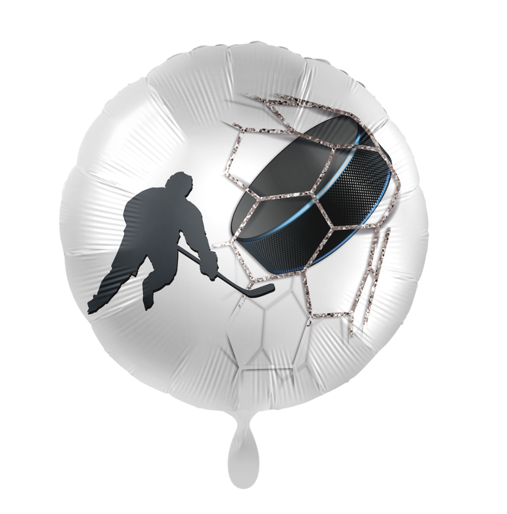 Runder Folienballon 43 cm mit Eishockey-Spieler und Puck im Netz