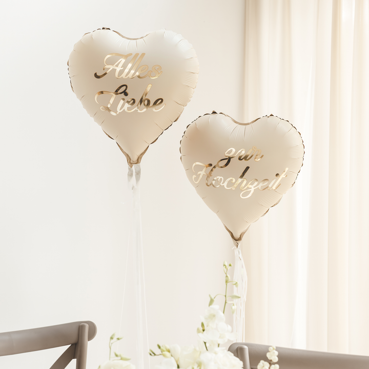 Folienballon Set „Alles Liebe zur Hochzeit“ – 2 elegante Herzballons in Creme & Gold