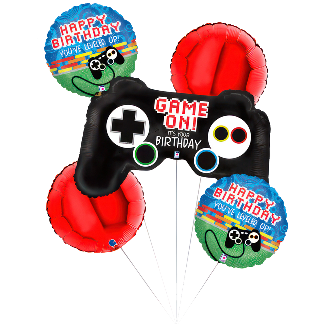 5-teiliges Folienballon-Set mit Gamecontroller-Motiv und „Happy Birthday – You’ve leveled up!“ Schriftzug, perfekt für Gamer-Geburtstage