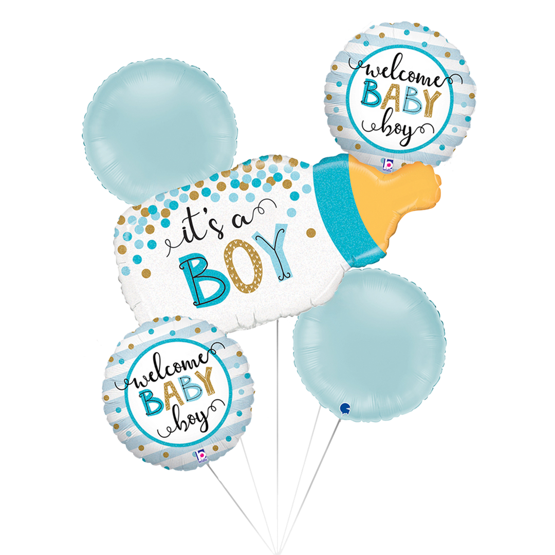 5-teiliges Folienballon-Set in Blau mit Babyflasche und Aufschrift „It’s a Boy“ / „Welcome Baby Boy“ – Ballon-Set zur Geburt eines Jungen