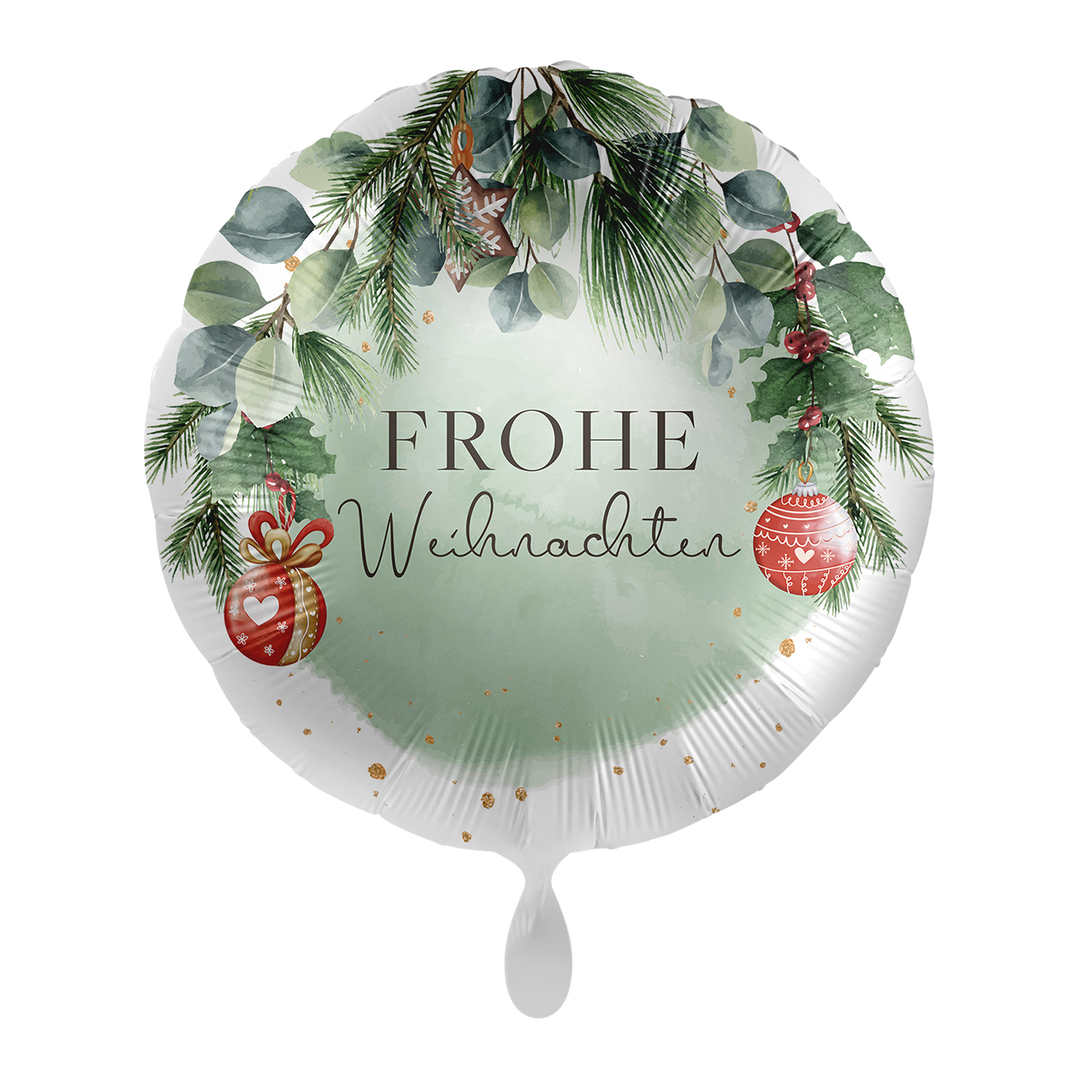 Folienballon - Frohe Weihnachten - Tannengrün mit Weihanchtskugeln
