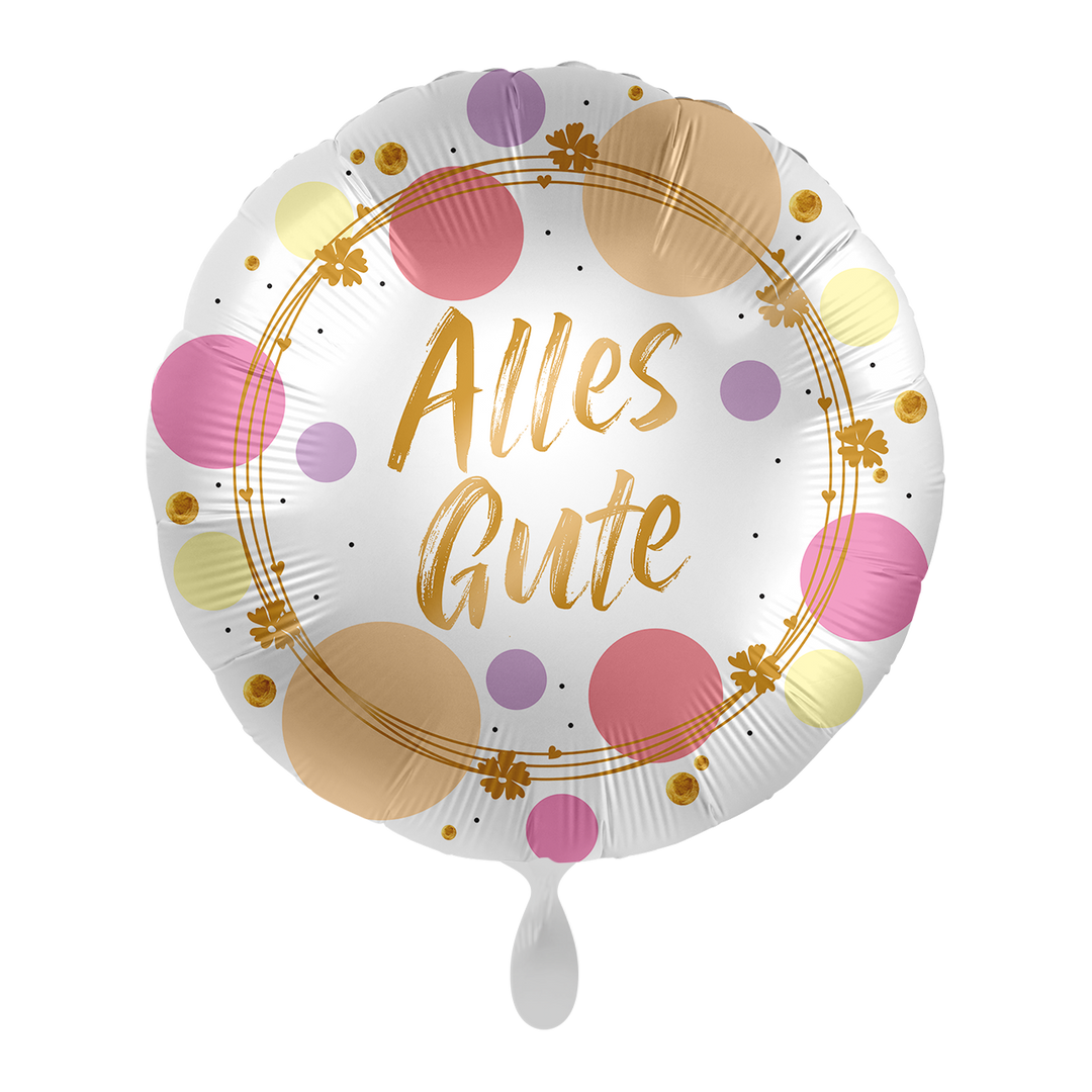 Runder Folienballon mit Aufschrift „Alles Gute“, bunten Kreisen in Rosa, Gold und Gelb sowie eleganten goldenen Details.