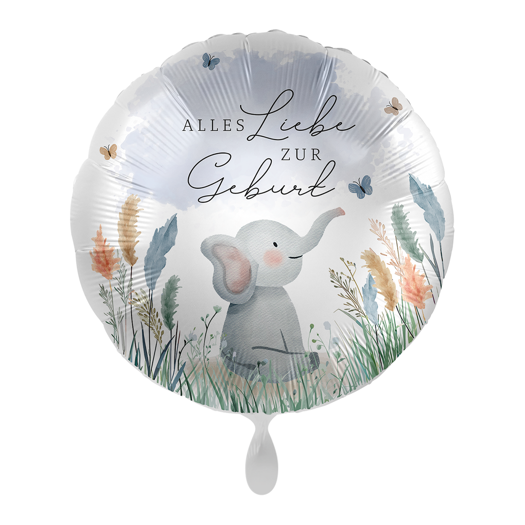 Runder Folienballon 43 cm mit Elefant und Aufschrift „Alles Liebe zur Geburt