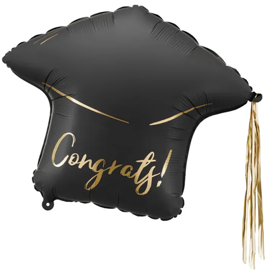 Schwarzer Folienballon in Form eines Absolventenhuts mit goldener Schrift „Congrats!“ und goldenen Quasten – 53 × 44 cm
