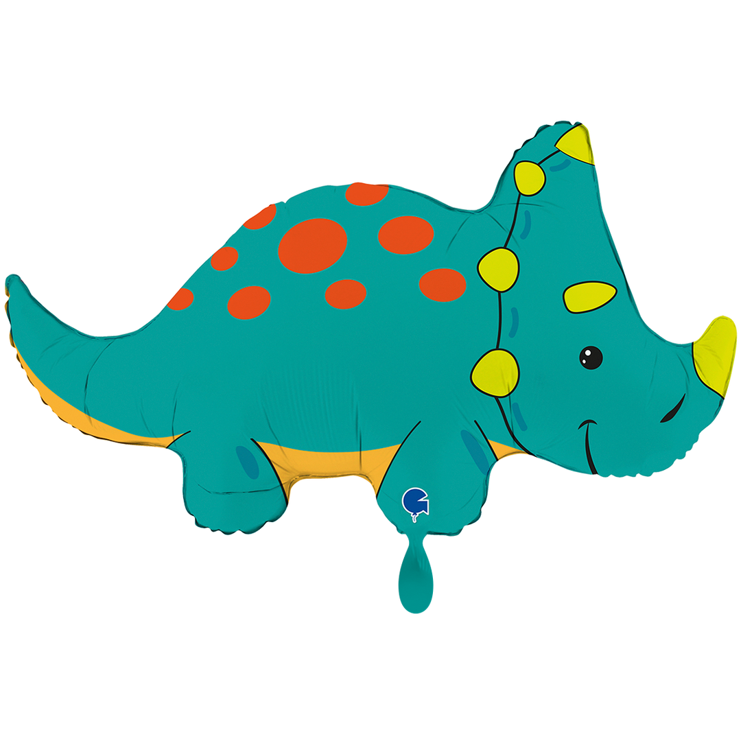 Folienballon Dinosaurier Triceratops – 94 × 58 cm – Grün mit gelben und orangefarbenen Punkten