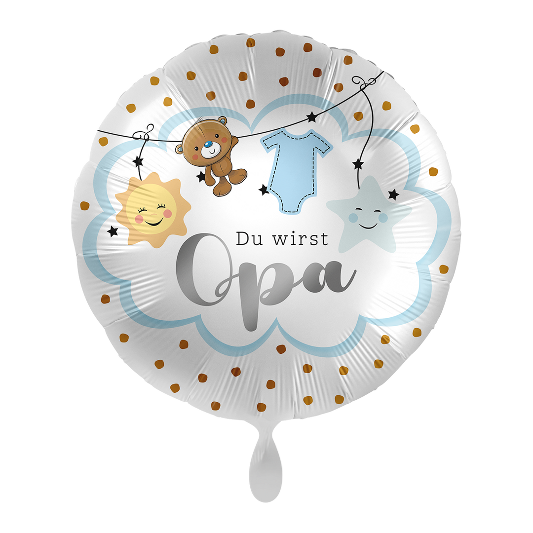 Runder Folienballon 43 cm mit Baby-Motiven und der Aufschrift „Du wirst Opa“ in Blau