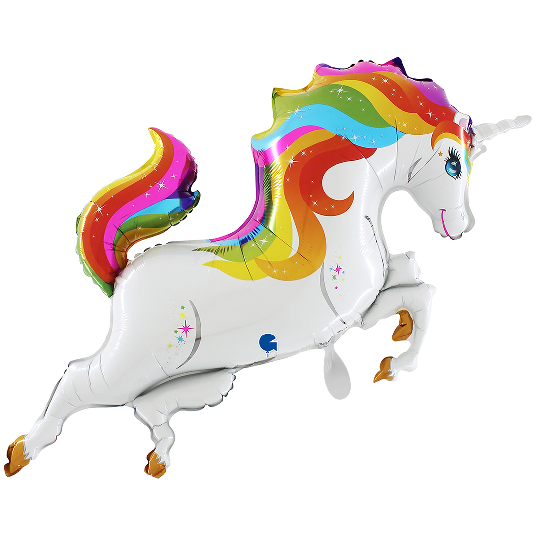 Großer Folienballon Einhorn mit Regenbogenmähne – 93 × 69 cm – Weißer Ballon für Kindergeburtstag & Deko