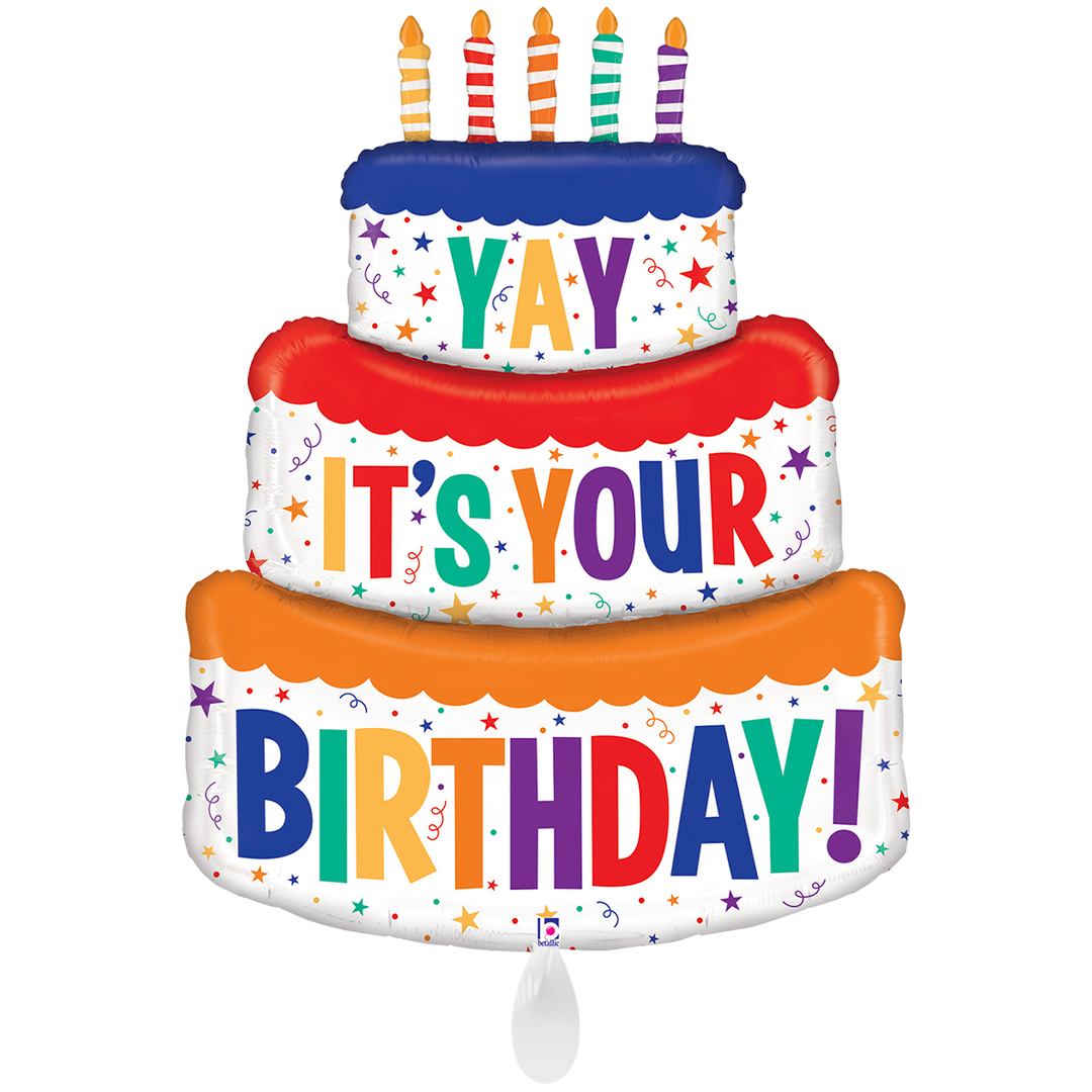 Großer Folienballon in Kuchenform mit „Yay It’s Your Birthday!“ Schriftzug – 99 × 124 cm – bunte Geburtstagsdeko