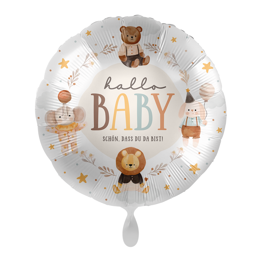 Runder Hallo Baby Folienballon mit niedlichen Tiermotiven in neutralen Naturfarben, 45 cm