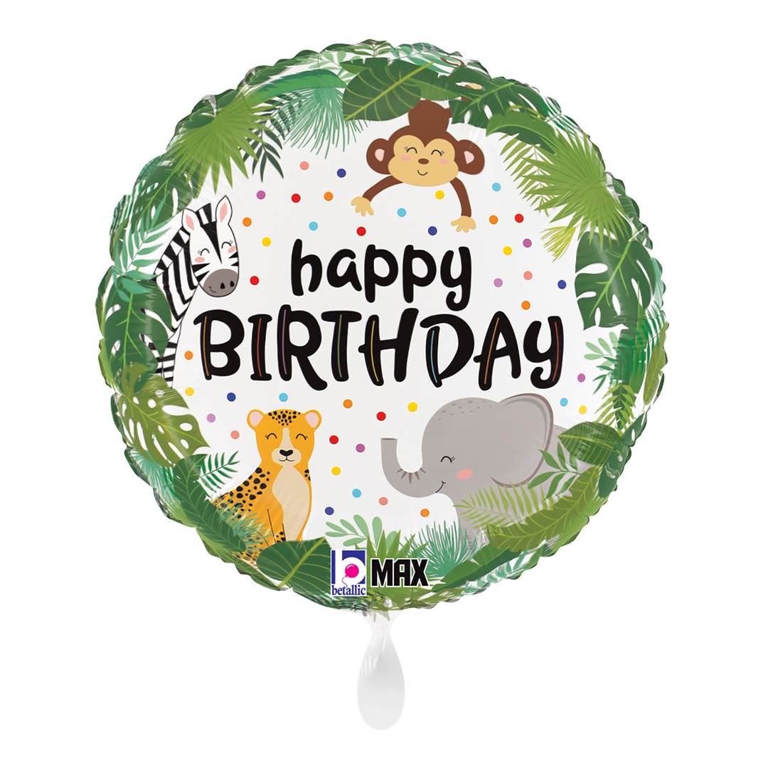 Niedlicher Dschungel-Folienballon 🎈 Ø 43 cm mit Elefant, Affe & Zebra. Perfekt für Kindergeburtstage & Safari-Partys. Für Helium oder Luft geeignet.