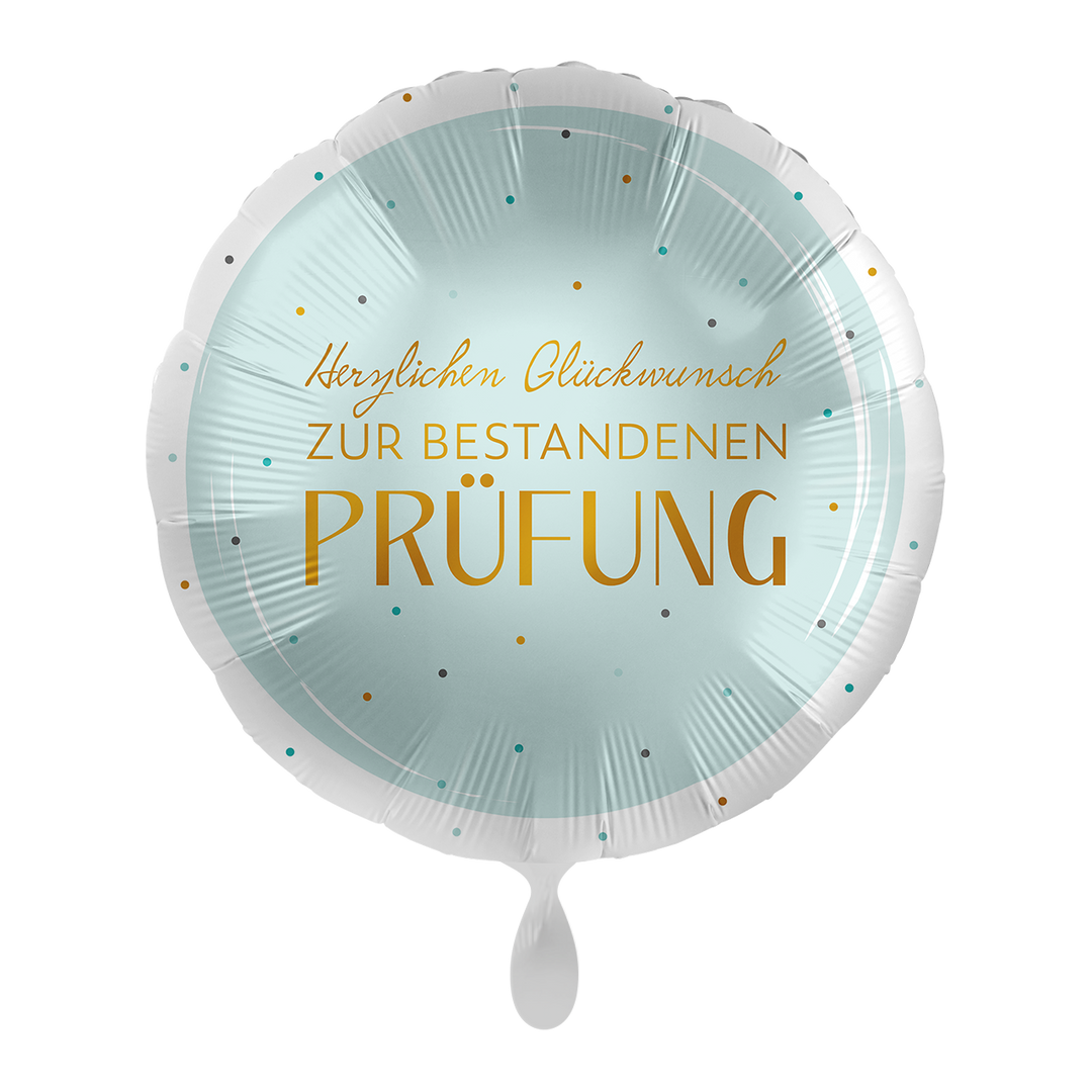 Runder Folienballon in Hellblau mit goldener Aufschrift „Herzlichen Glückwunsch zur bestandenen Prüfung“ – 43 cm