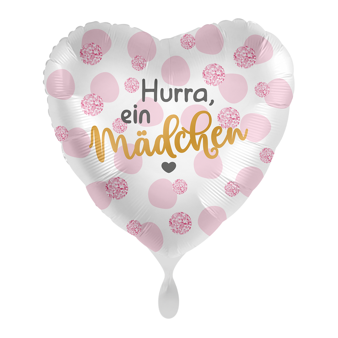 Herz Folienballon 43 cm mit Aufschrift „Hurra, ein Mädchen“ in Rosa und Gold