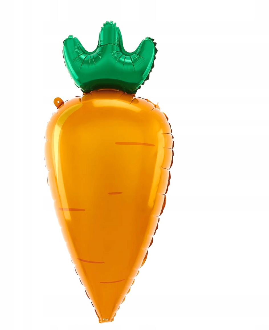 Großer Folienballon in Karottenform mit grünem Blatt und orangener Oberfläche – 79×78 cm