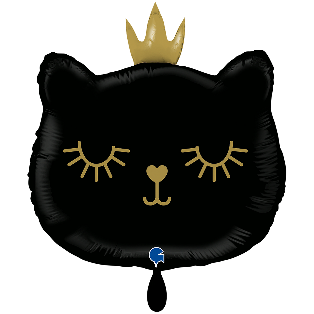Schwarzer Folienballon Katze mit goldener Krone – 49 × 52 cm – eleganter Tierballon für Kinder und Partys