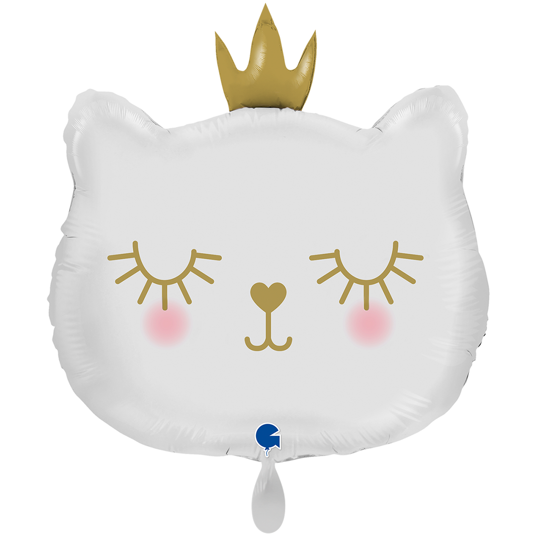 Weißer Katzen-Ballon 👑 49 × 52 cm – edler Folienballon mit goldener Krone. Perfekt für Babyparty, Kindergeburtstag & Mädchen-Deko. Für Helium & Luft geeignet.