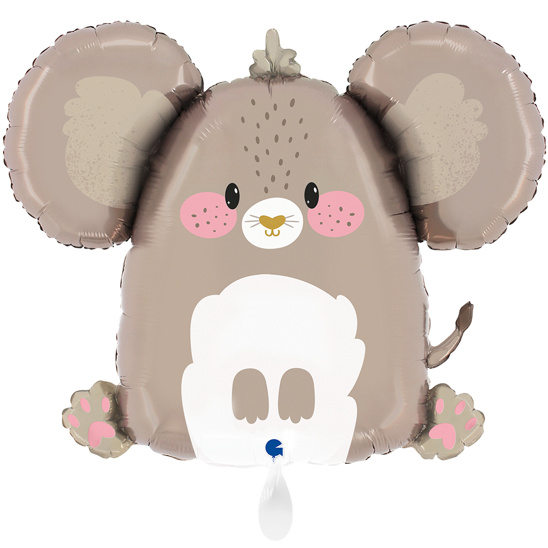 Folienballon Maus – 66 × 81 cm – Niedlicher Tierballon in Grau mit rosa Details