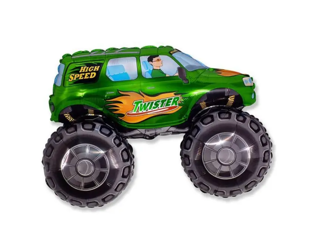 Großer Folienballon in Form eines grünen Monstertrucks mit der Aufschrift „Twister“ und „High Speed“ – 96 cm – perfekt für Kindergeburtstage