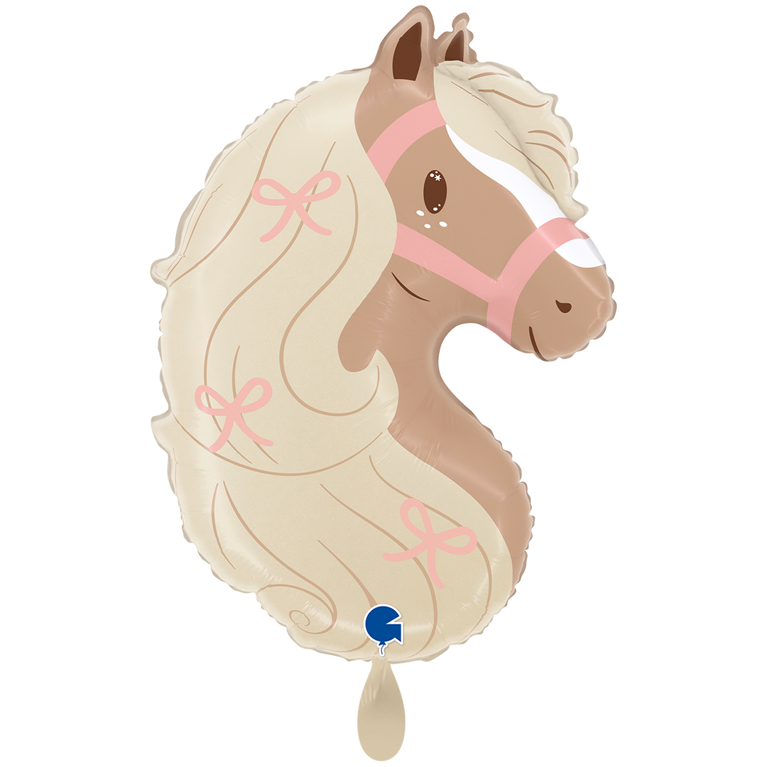 Folienballon in Form eines Pferdekopfes mit rosa Zaumzeug und Schleifen – 74 × 67 cm