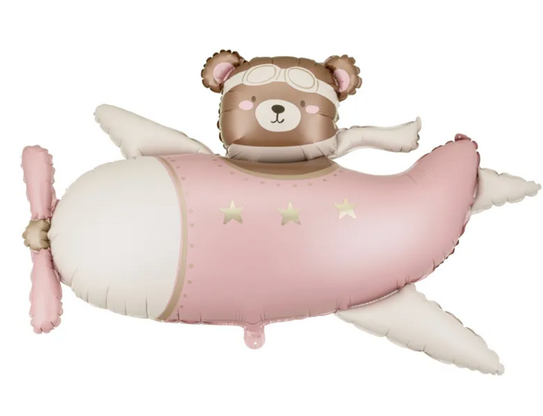 Folienballon Teddybär im Flugzeug Rosa – Baby Mädchen Ballon – Geburt & Taufe – Helium geeignet