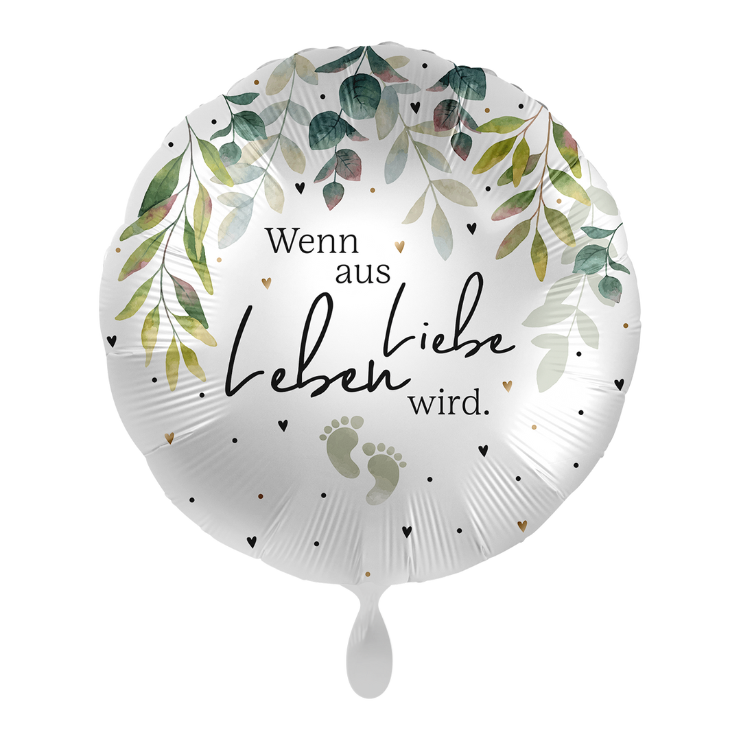 Runder Folienballon 43 cm mit grünem Blätterkranz und Aufschrift „Wenn aus Liebe Leben wird“