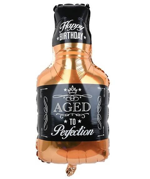 Folienballon in Form einer Whiskyflasche mit der Aufschrift „Happy Birthday – Aged to Perfection“ in Schwarz und Gold, Größe 43x76 cm
