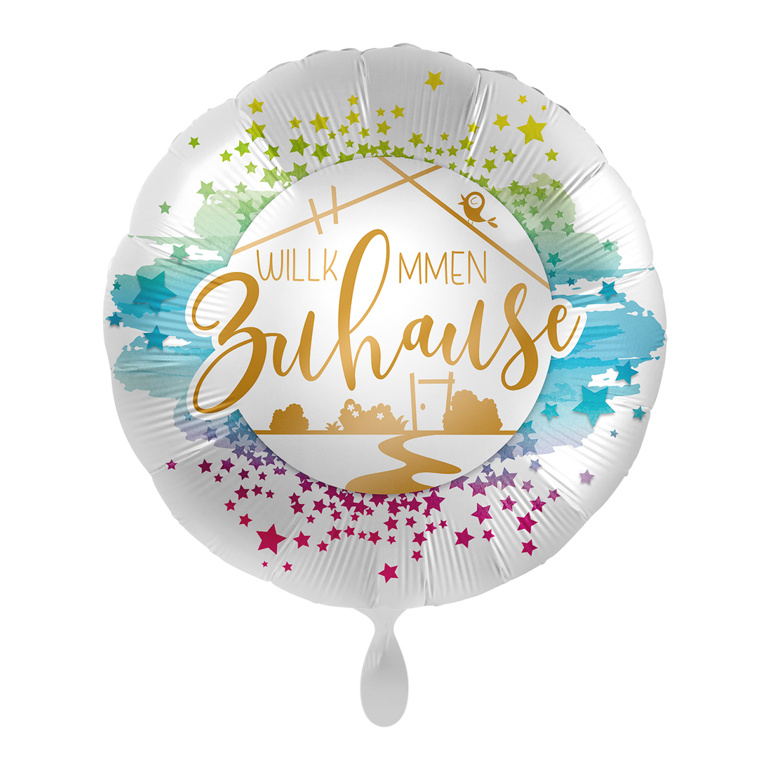 Runder Folienballon mit bunter Sternenverzierung und goldener Aufschrift „Willkommen Zuhause“ – 45 cm
