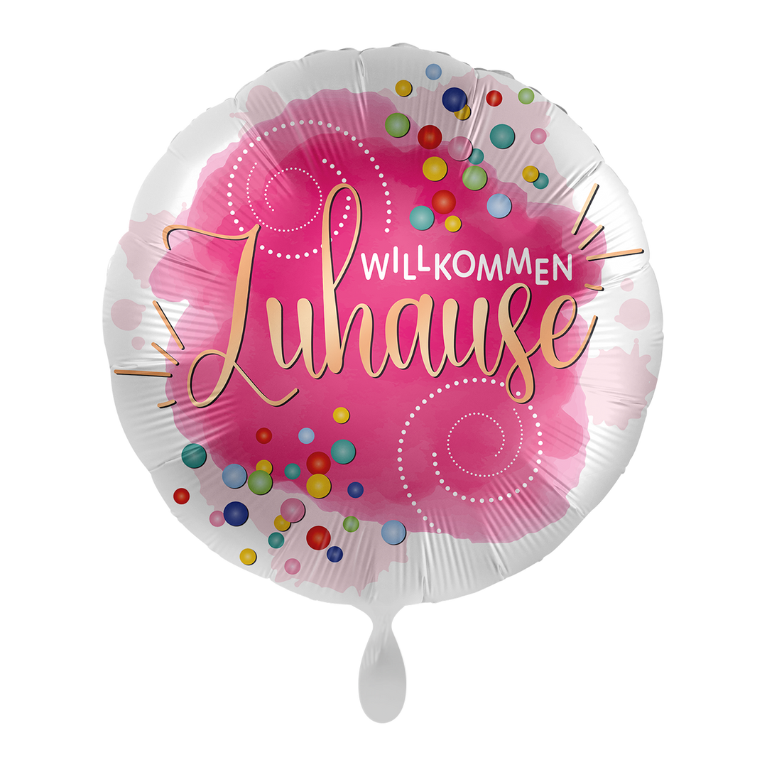 Runder Folienballon in Pink mit bunter Konfetti-Optik und goldener Aufschrift „Willkommen Zuhause“ – 45 cm