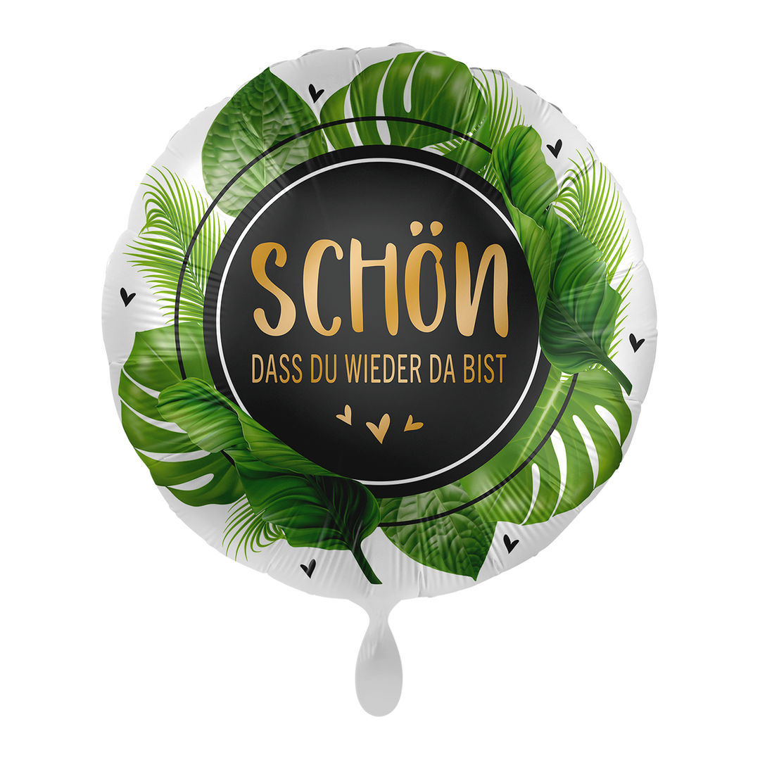 Folienballon mit der Aufschrift "Schön, dass du wieder da bist &nbsp;"mit schönen Palmblättern bedruckt. &nbsp;Dekorieren Sie den Empfang herzlich mit unseren Ballons - Freude ist garantiert!&nbsp;  Mit dem Automatikschließventil kann der Ballon mit Luft oder Helium mehrfach gefüllt werden.&nbsp;