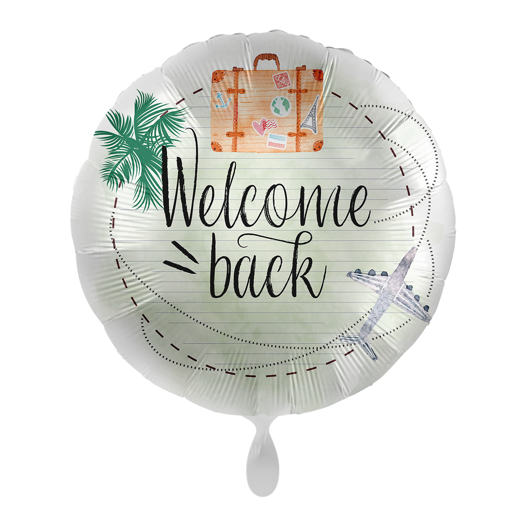 Folienballon mit der Aufschrift "Welcome back &nbsp;" mit Koffer und Flugzeug verziert. Dekorieren Sie den Empfang herzlich mit unseren Ballons - Freude ist garantiert!&nbsp;  Mit dem Automatikschließventil kann der Ballon mit Luft oder Helium mehrfach gefüllt werden.&nbsp;