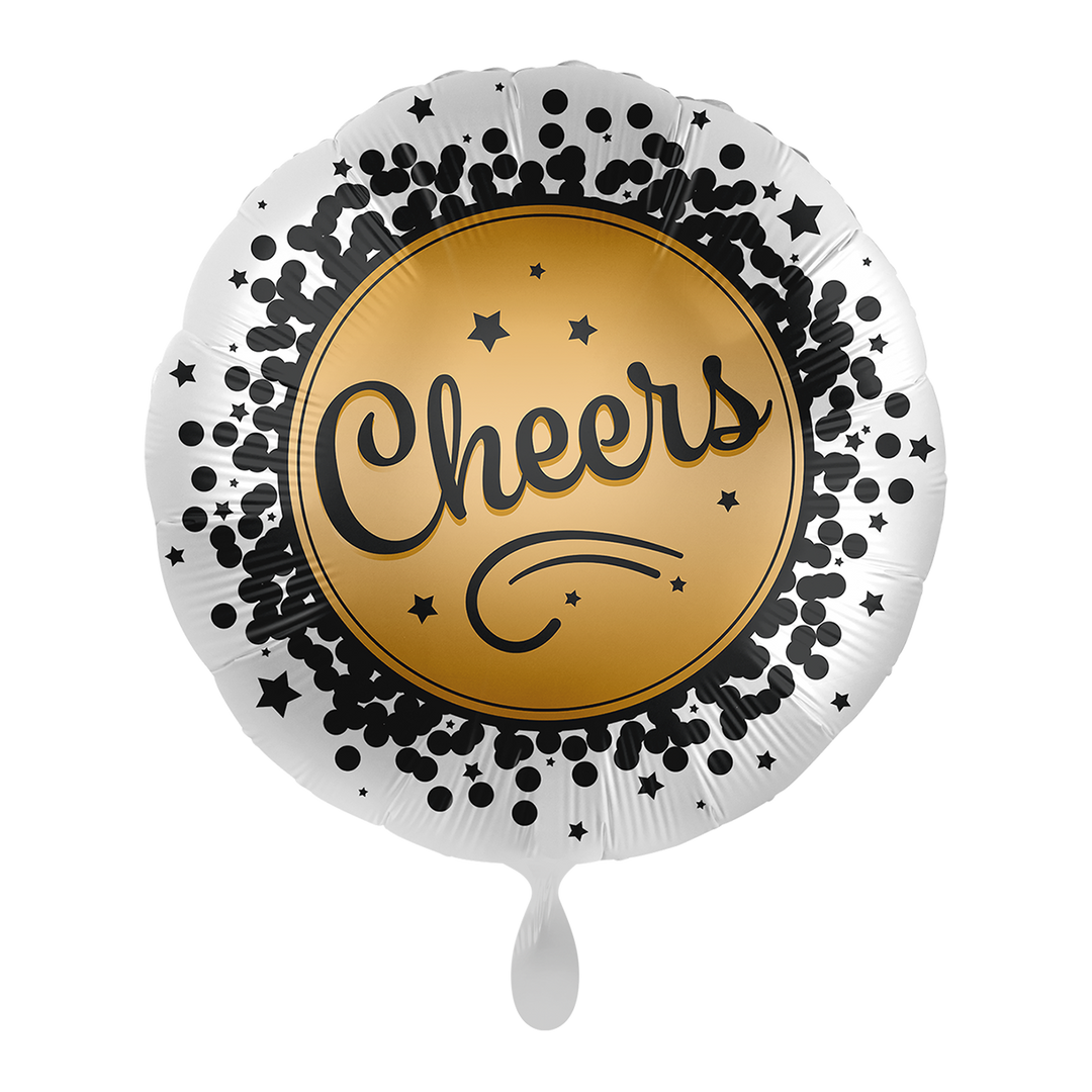 Folienballon zum Geburtstag mit der Aufschrift " Cheers" in Silber, Gold und schwarz gehalten.&nbsp;  Mit diesem Ballon machen sie sicher jedem eine Freude.&nbsp;  Kann mit Helium und luftgefüllt werden, besitzt ein Automatisches Schließventil.&nbsp;