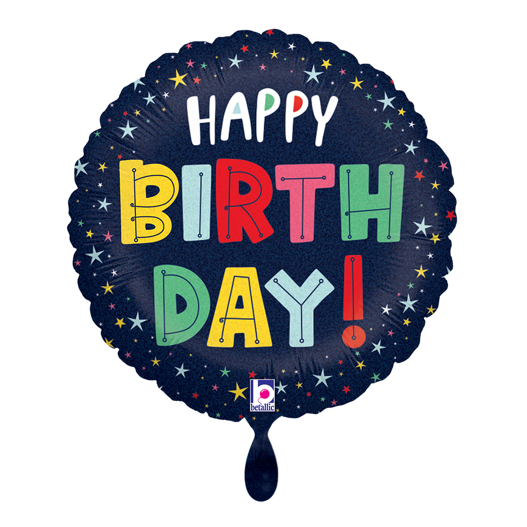 Blauer Ballon außen mit Sternen und bunter Beschriftung Happy Birth Day 