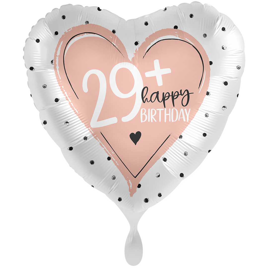 Geburtstagsballon 29+ in Herzform – Folienballon 43 cm roségold-weiß