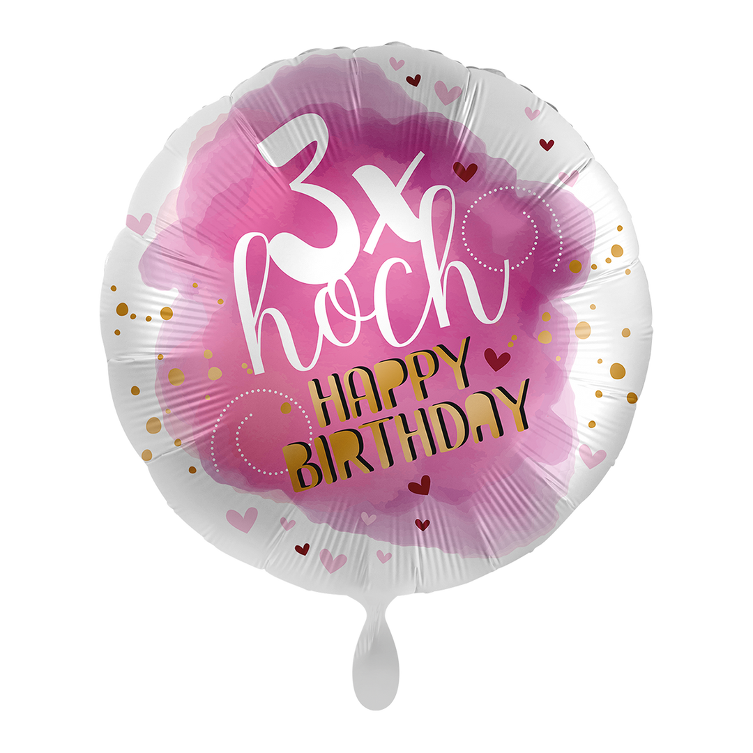 Geburtstagsballon rund mit Aufschrift „3x Hoch – Happy Birthday“ in Pink, Weiß und Gold mit Herzchen, HeyBalloon Viersen.